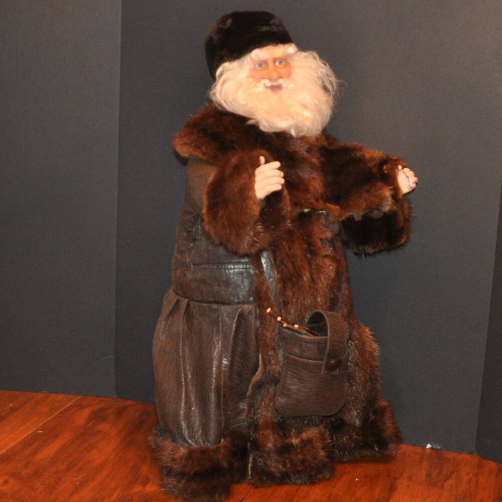 Old World Woodland Santa Handmade Upcycled Leather Beaver Fur Coat 26" Tall